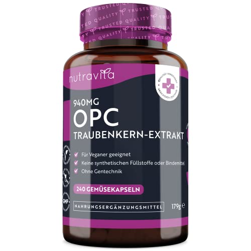 OPC Traubenkernextrakt Hochdosiert 940mg - 240 vegane Kapseln - Höchster OPC Gehalt...